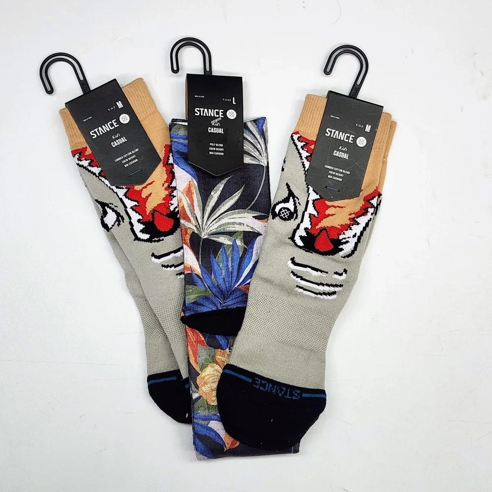 Stance Kids Casual Crew Socks Tiger Floral Print Mid Cushion Youth M Pack of 3‎